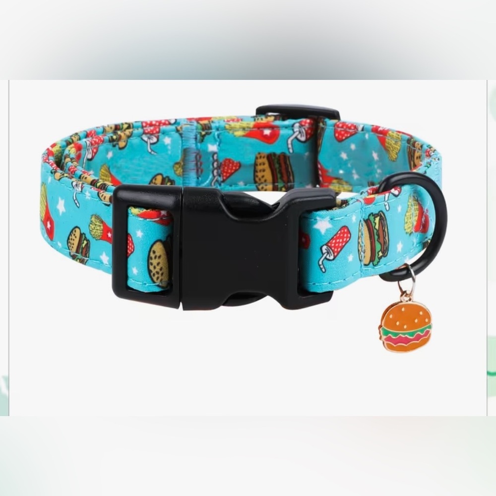 🆕 Colorful burger & fries Dog Collar with Burger Charm. One Xtra small/One Small